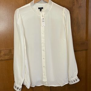NWT Talbots Ivory Button Down Crochet Style Collar And Sleeves Blouse Sz Large